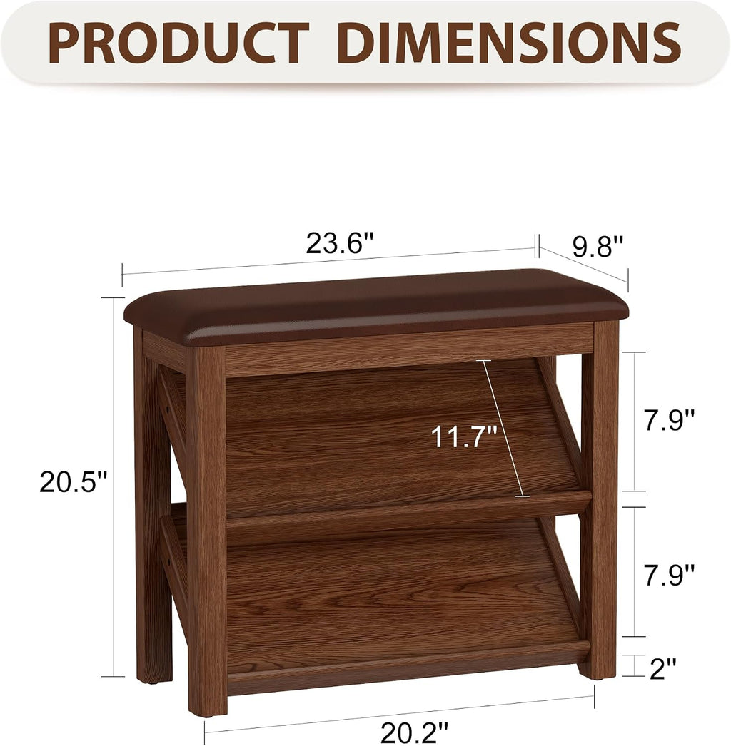 AQIMUELE Rubberwood Shoe Bench with Leather Cushion and Slanted Shelves | Solid Wood Shoe Storage Bench with 2 Tier Shelves and Anti-slip Foot Pads,Shoe Rack for Entryway,Hallway,Living Room,Walnut