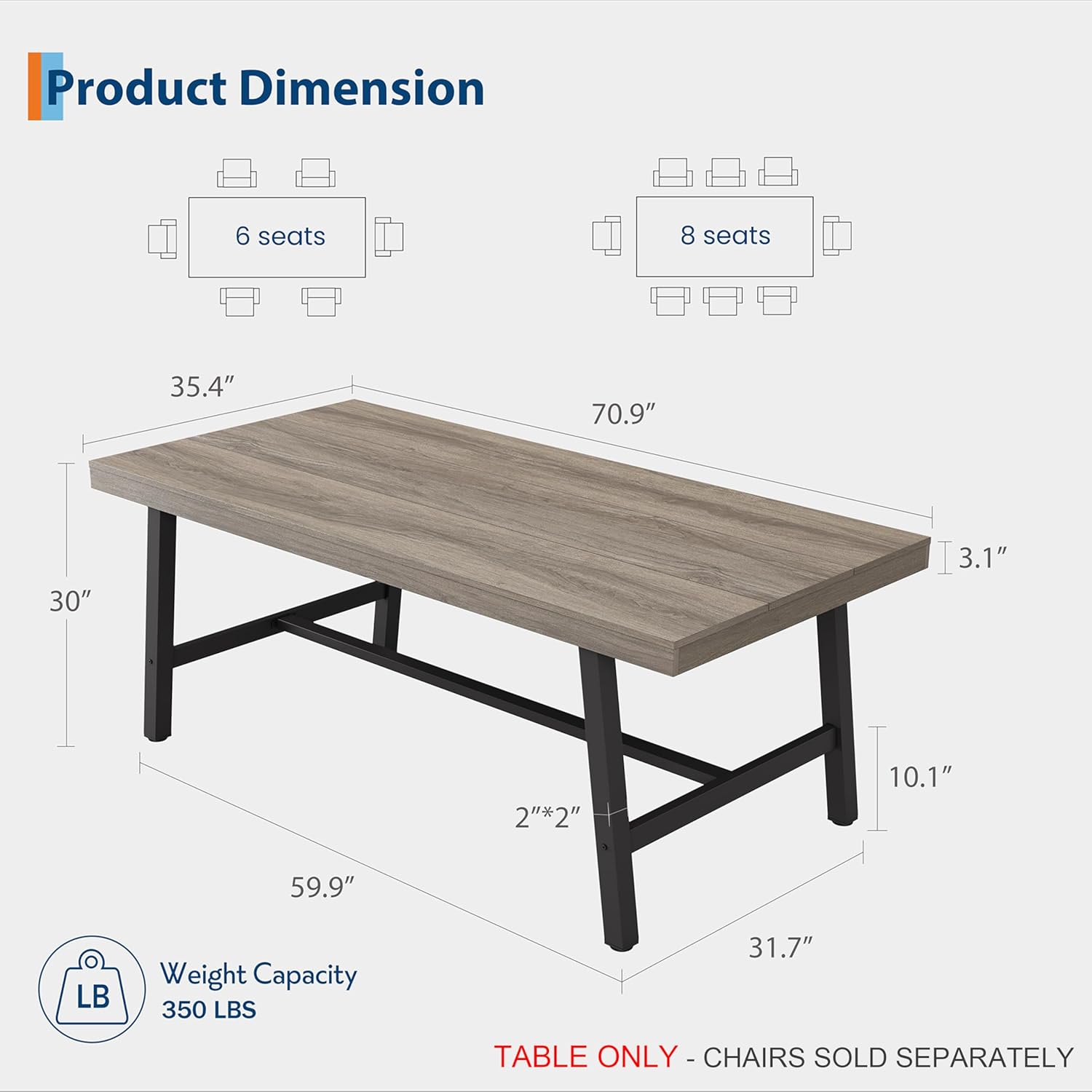 GarveeHome Industrial Dining Table for 6-8 People, 70.87" Long Kitchen Table with Sturdy Metal Frame, Rectangular Counter for Dinner, Kitchen, Dining Room (Grey Walnut, 71" Non-extendable)