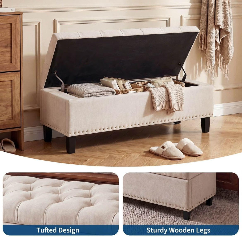 51" Extra Large Storage Ottoman Bench, Supports 660lbs End of Bed Storage Bench with Button-Tufted Upholstery and Safety Close Hinge, Upholstered Bench for Living Room, Bedroom, Entryway - Beige