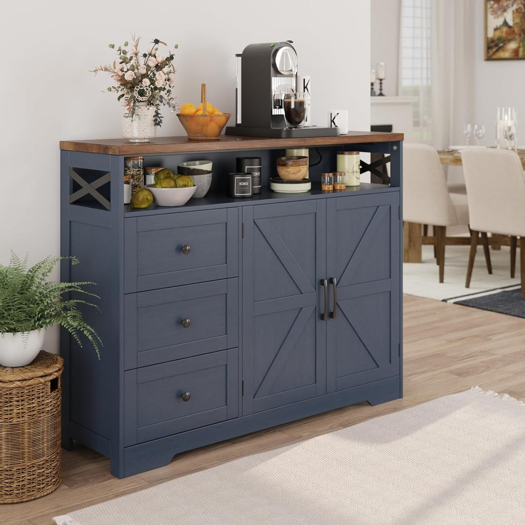 Befrases Farmhouse Buffet Cabinet with Drawers & Open Shelf, Sideboard with Storage, Kitchen Pantry Cabinet Hutch, Coffee Bar Station for Kitchen, Livingroom, 47" L Blue