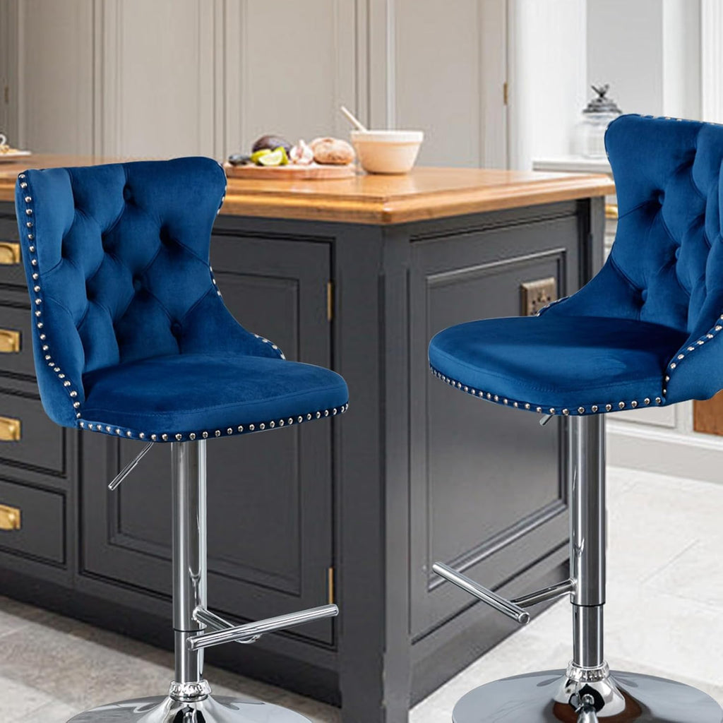33’’ Velvet Swivel Bar Stools Set of 2 Kitchen Counter Adjustable Height Upholstered Barstools with Silver Leg and Back for Kitchen Island, Bar, Dining Room(Blue-Silver Leg,Set of 2)