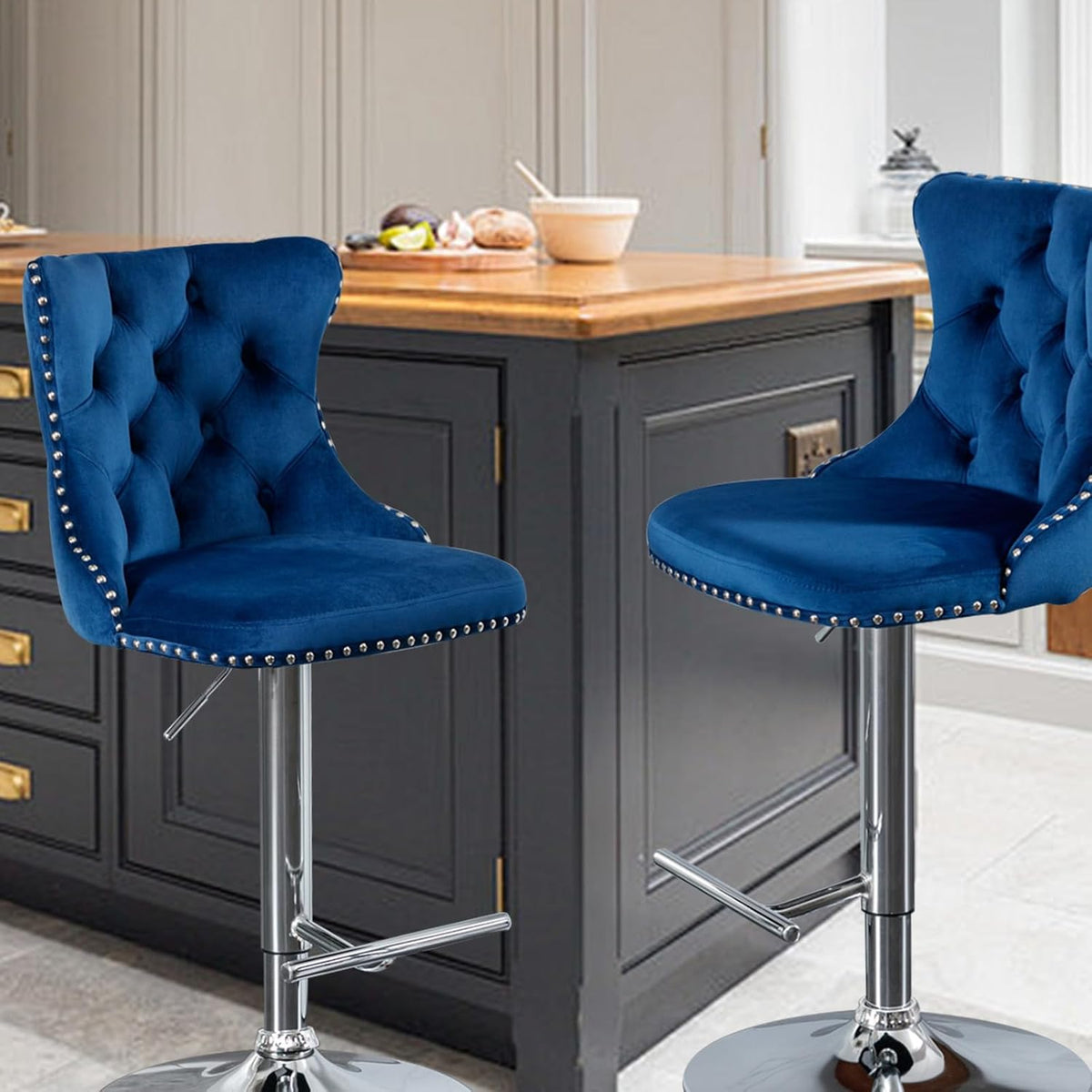 33’’ Velvet Swivel Bar Stools Set of 2 Kitchen Counter Adjustable Height Upholstered Barstools with Silver Leg and Back for Kitchen Island, Bar, Dining Room(Blue-Silver Leg,Set of 2)