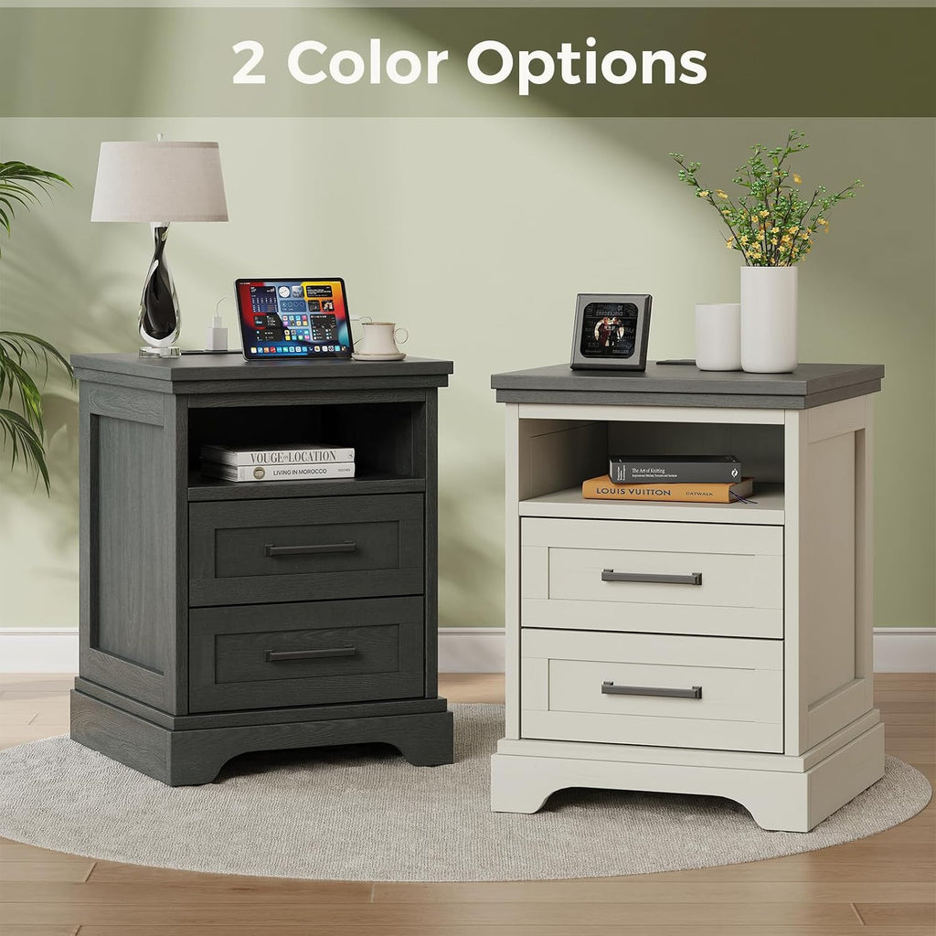 DUMOS Farmhouse Nightstand with Charging Station & USB Ports