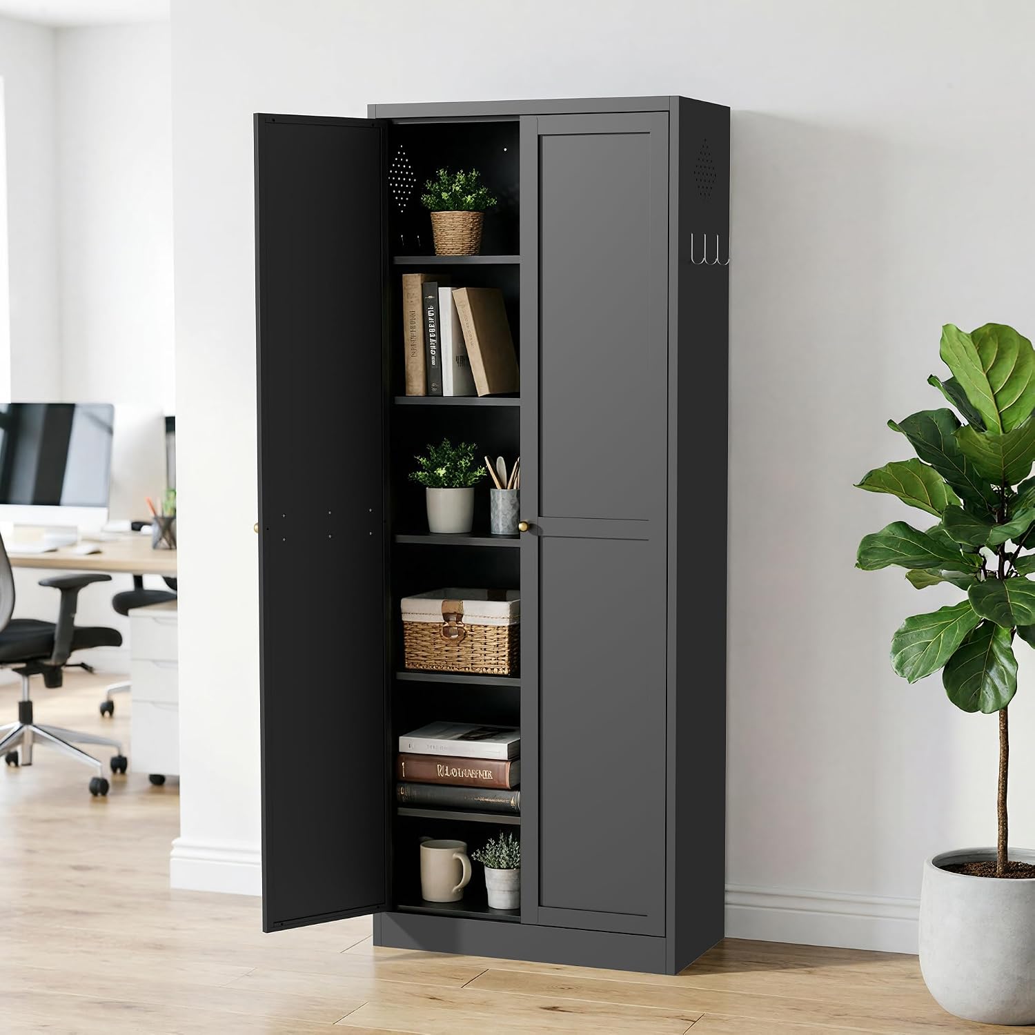 Kitchen Pantry Cabinet, 72" Tall Black Metal Storage Cabinet, Kitchen Storage with 2 Doors and 5 Adjustable Shelves, Freestanding Cupboard for Living, Dining Room and Bathroom,Assemble Required