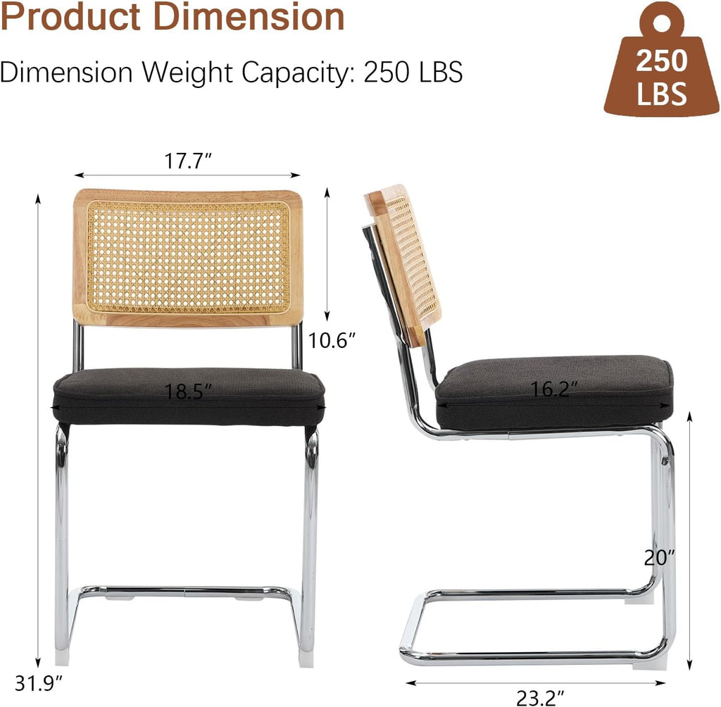 Rattan Back Linen Dining Chair Set of 4 Modern Stainless Chrome Base Armless Upholstered Side Chair for Dining Room, Kitchen Island,Black