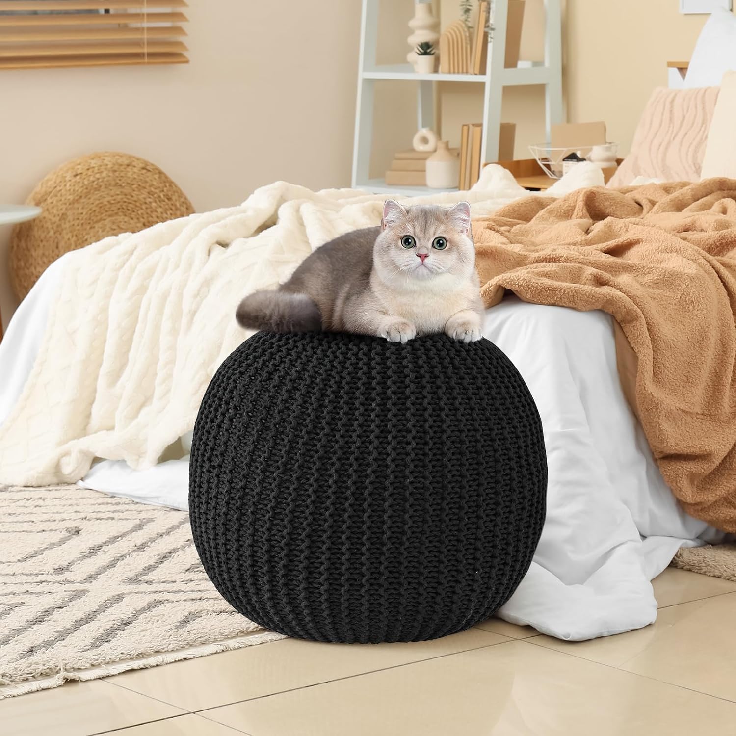 Pouf Ottoman Stuffed Round Modern Foam Filled Foot Rest Poufs for Living Room Chair Decorative 20 X 14 Inches Boho Relax Stool for Wedding Christmas Party, (Black, 20 Inch)