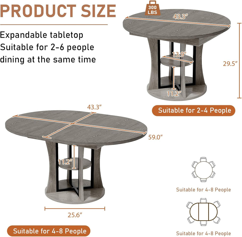 Extendable Round Dining Table for 4-6-8, 43.3-59in Expandable Kitchen Table with Storage Shelf, Space Saving Circle Oval Dining Table with Leaf for Kitchen, Dining Room, Gray