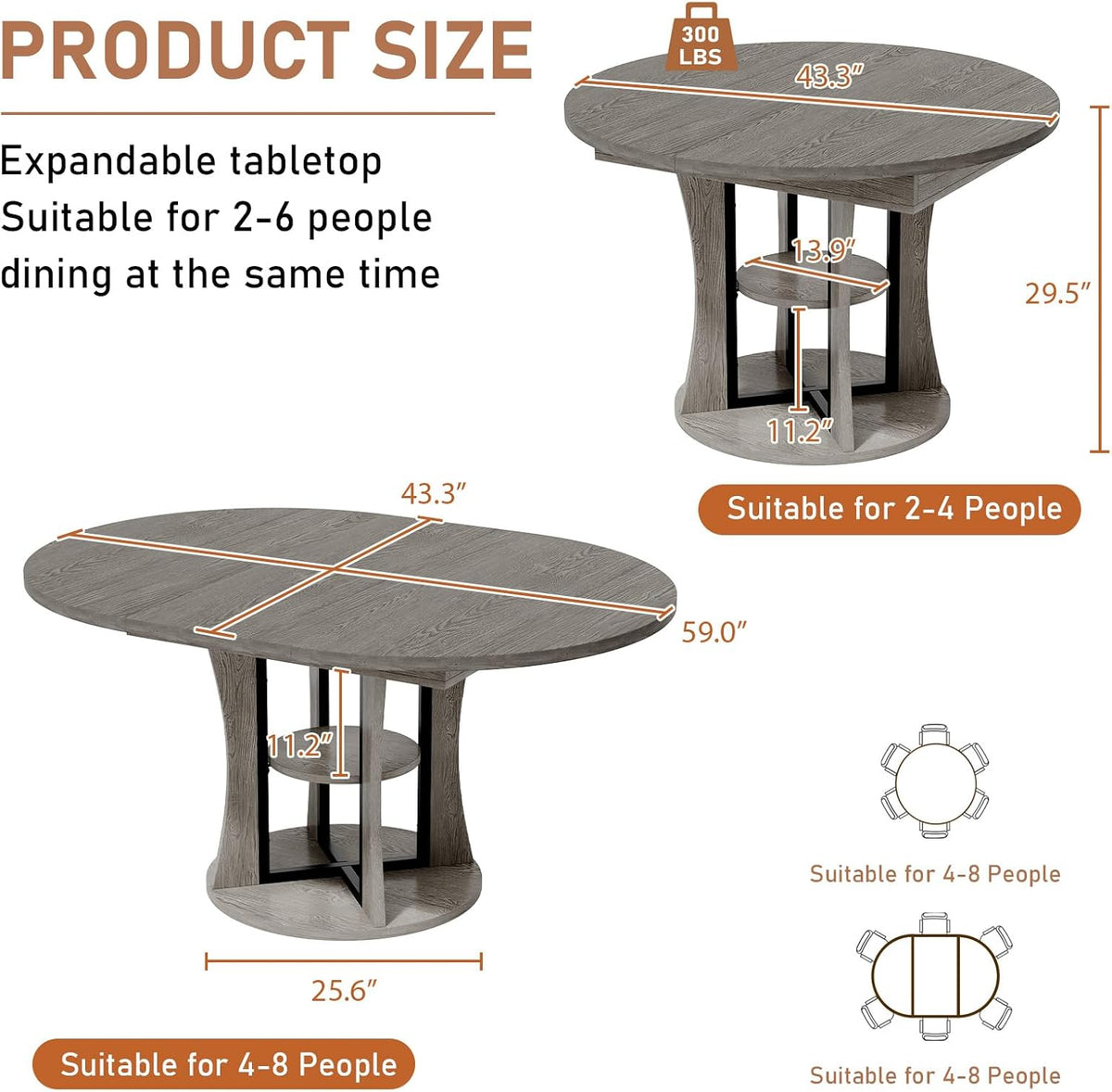 Extendable Round Dining Table for 4-6-8, 43.3-59in Expandable Kitchen Table with Storage Shelf, Space Saving Circle Oval Dining Table with Leaf for Kitchen, Dining Room, Gray