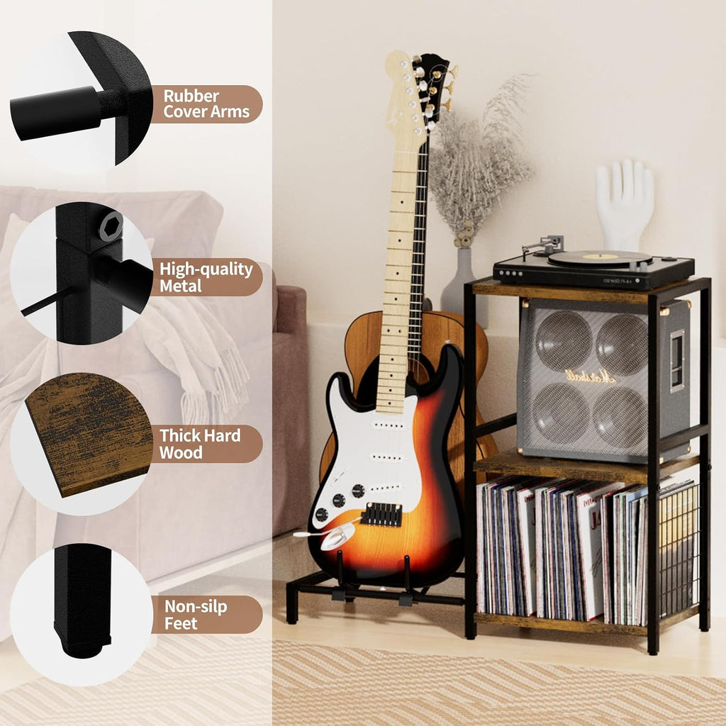 YAKANJ End Table with Guitar Stand,Record Player Stand,Vinyl Records Storage,2-Tier Guitar Stand for Acoustic,Turntable Stand for Music Studio-Brown