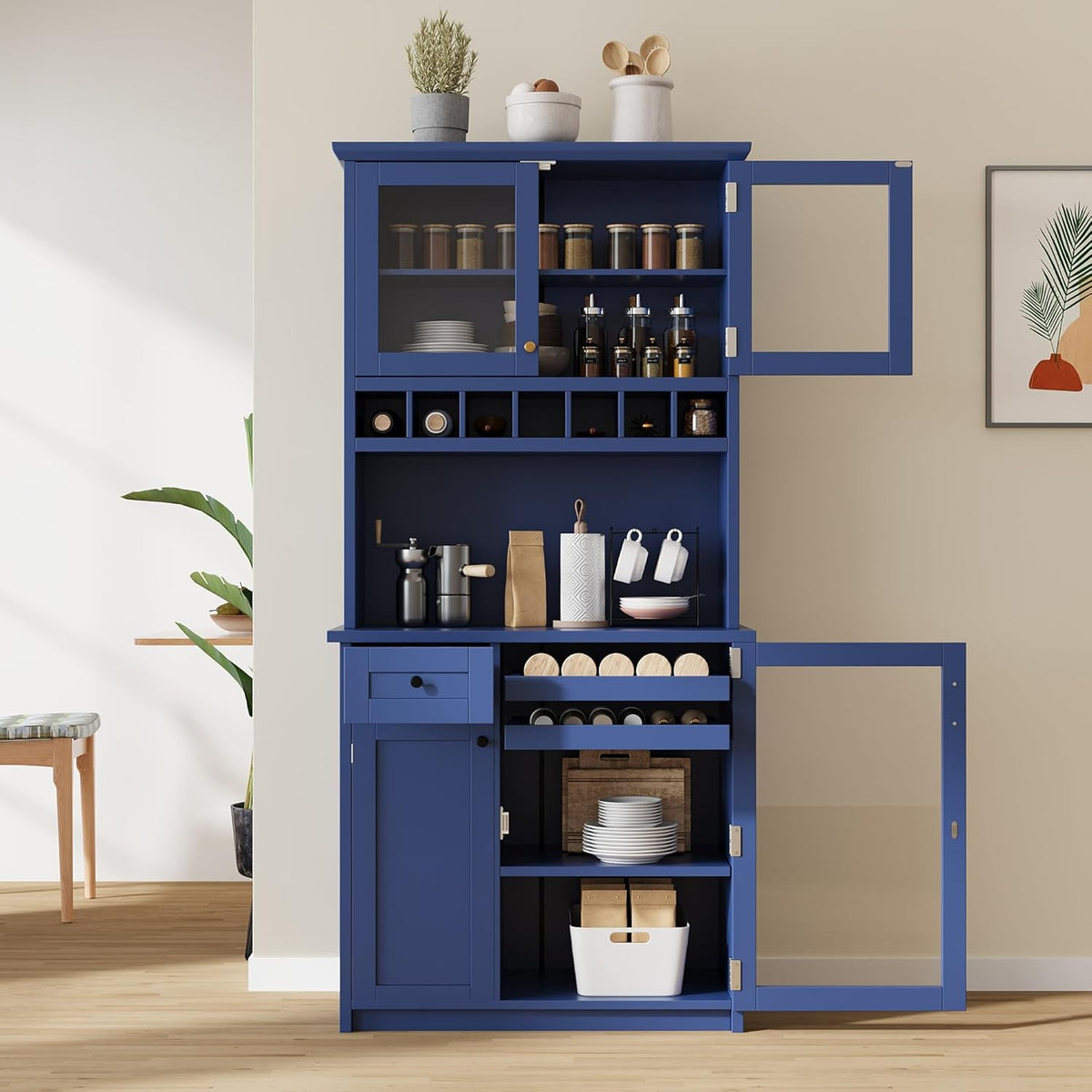 Kitchen Pantry Storage Cabinet, Tall Freestanding Farmhouse Buffet with Hutch 74.8” Tall, Adjustable Shelves & Wine Rack Built in, Large Cupboard for Living Room, Dining Room, Blue