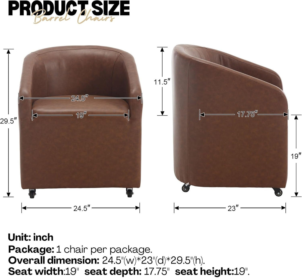 BESTANO Set of 2 Modern Upholstered Dining Chairs with Swivel Casters, Faux Leather Barrel Back Accent Side Chair for Dining Room Living Room,Brown