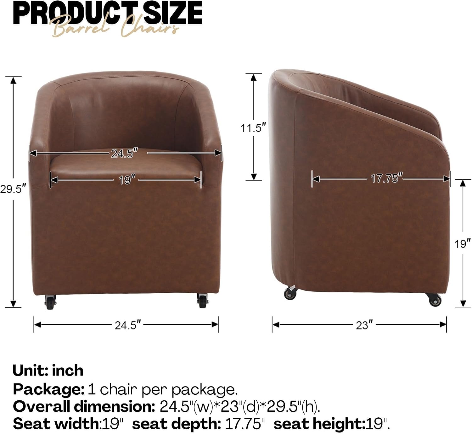 BESTANO Set of 2 Modern Upholstered Dining Chairs with Swivel Casters, Faux Leather Barrel Back Accent Side Chair for Dining Room Living Room,Brown