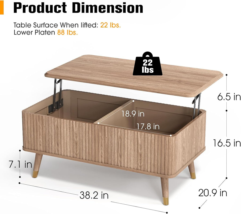 Lift Top Coffee Table with Storage, Mid Century Modern Coffee Table with Solid Wood Legs, 38" Minimalist Fluted Center Table for Living Room, Home Office, Natural Oak