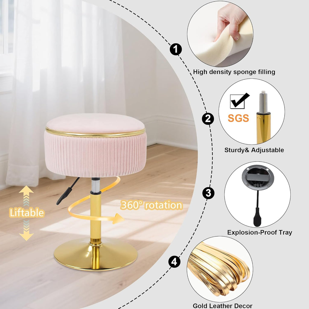 Adjustable Vanity Stool with Storage, 360° Swivel Makeup Stool Chair Small Velvet Round Ottoman with Gold Base for Bedroom, Pink