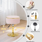 Adjustable Vanity Stool with Storage, 360° Swivel Makeup Stool Chair Small Velvet Round Ottoman with Gold Base for Bedroom, Pink