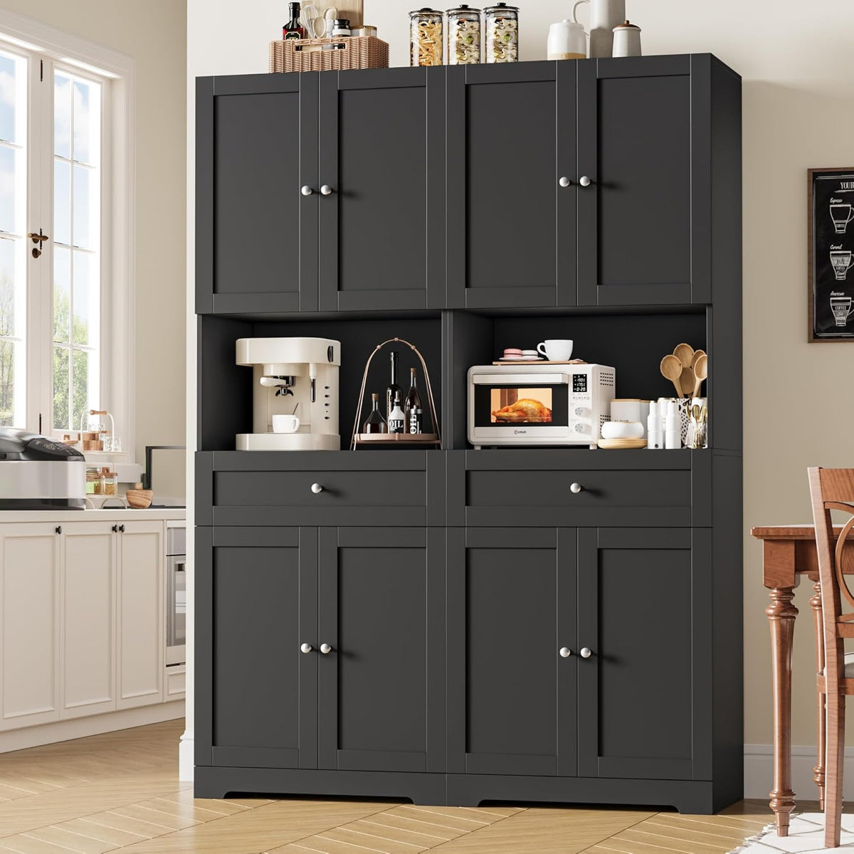 HIFIT 2 Pcs Tall Kitchen Pantry Cabinet, Large Kitchen Hutch Storage Cabinet with Doors & Wide Shelves, 67" Tall Modern Coffee Bar Cabinets with Drawers Cupboard Set for Home Dining Living Room, Black