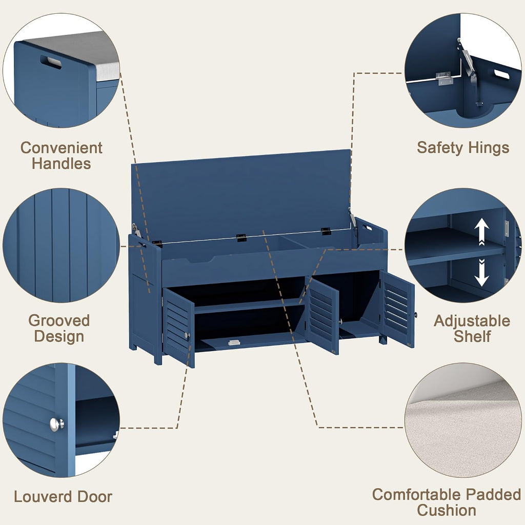 ChooChoo 41.3" Shoe Storage Bench with Lift Top Storage, Entryway Bench with Cushioned Seat, Adjustable Shelf, Shoe Cabinet with Hidden Space, for Entryway, Bedroom, Living Room, Blue