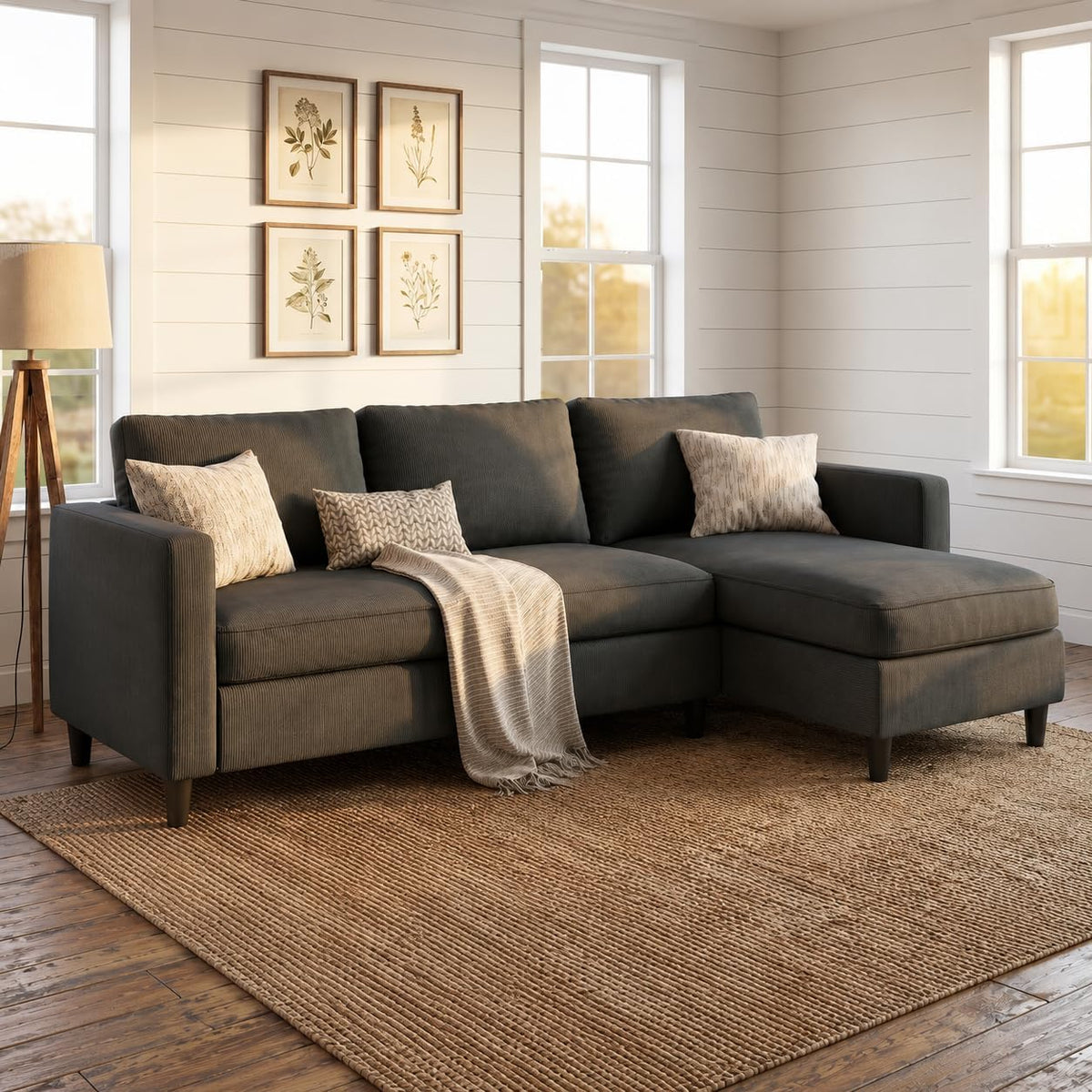 SUNLEI L-Shaped Sectional Couch, Modern Grey Reversible Sectional Sofa with Reversible Ottoman, 3-Seat Sectional Couches for Living Room and Apartment, Grey