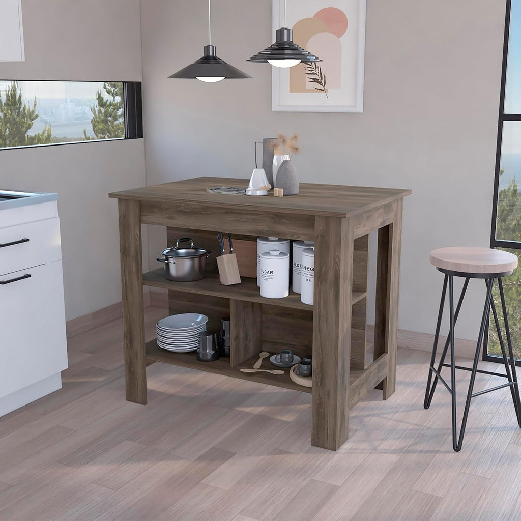 Kitchen Island with Three Shelves Dark Brown Finish | Three storage shelves with dimensions for kitchen organization