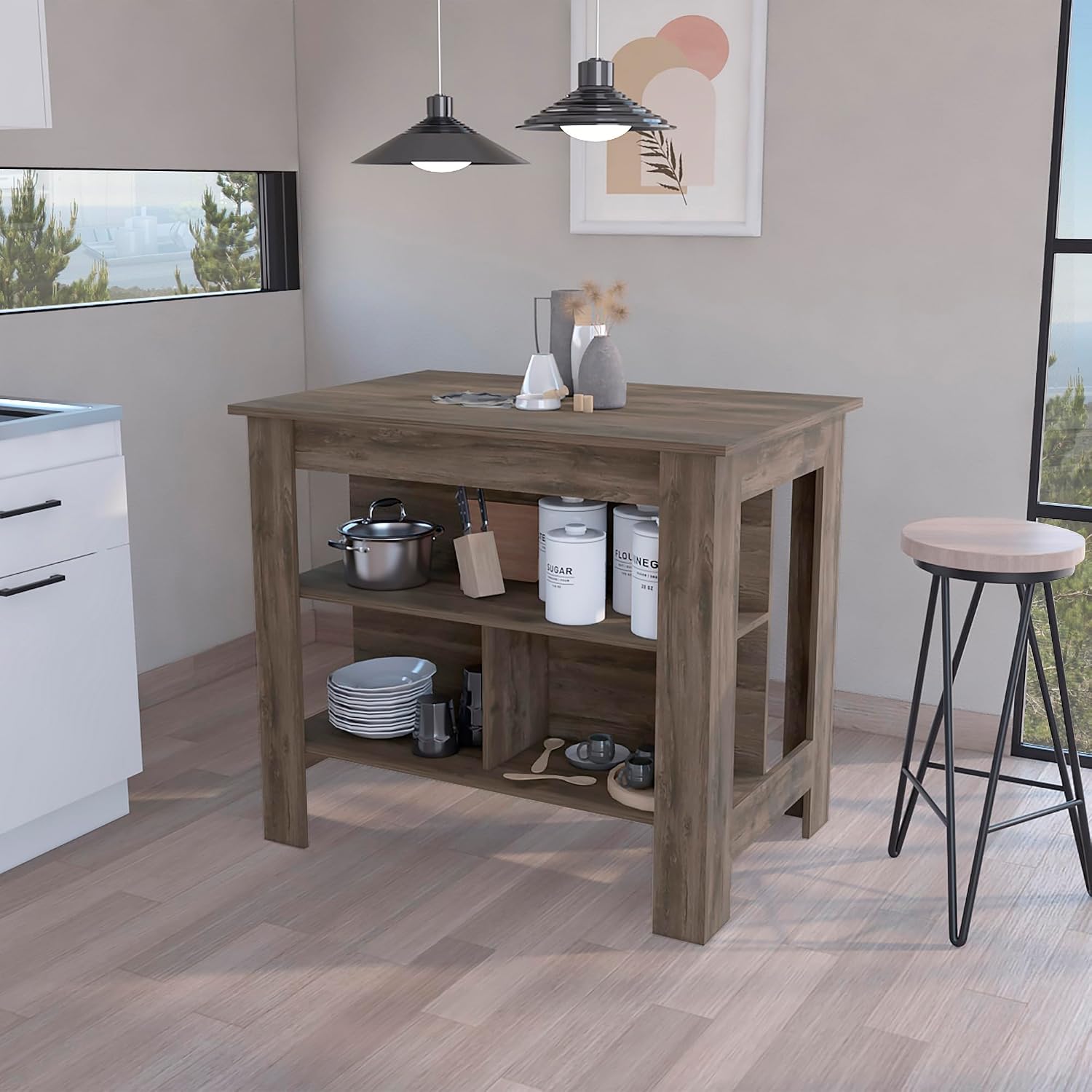 Kitchen Island with Three Shelves Dark Brown Finish | Three storage shelves with dimensions for kitchen organization