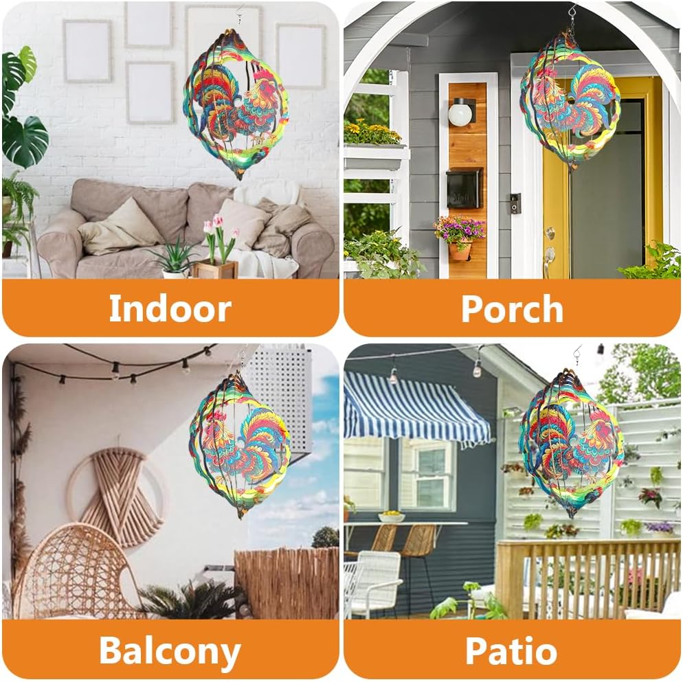 Rooster Wind Spinner, 3D Hanging Stainless Steel Garden Spinner, Wind Spinner Hanging for Outdoor & Indoor Décor, Unique Gifts for Yard Garden Decoration or Patio Décor (Rooster)