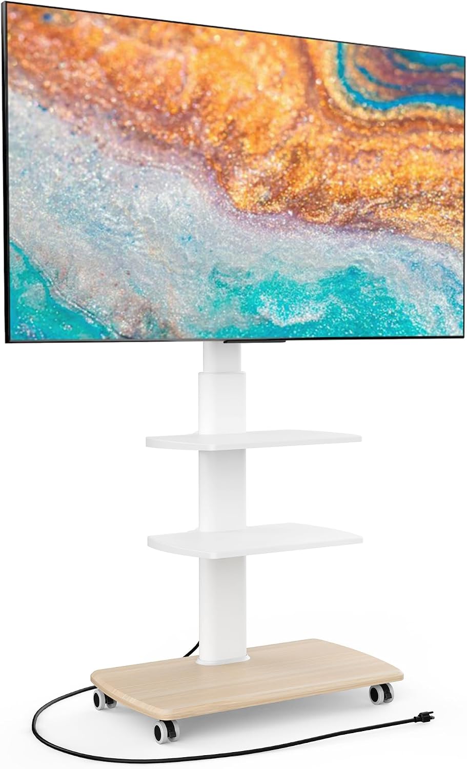 FITUEYES Rolling TV Stand with Power Outlets, for 32-75 InchTVs, White | Swivel Portable TV Stand with Height Adjustable&Wood Base, Mobile TV Cart with 2 Shelves for Bedroom Living Room Home Office