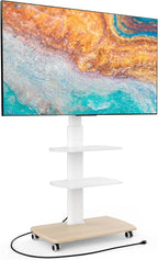FITUEYES Rolling TV Stand with Power Outlets, for 32-75 InchTVs, White | Swivel Portable TV Stand with Height Adjustable&Wood Base, Mobile TV Cart with 2 Shelves for Bedroom Living Room Home Office
