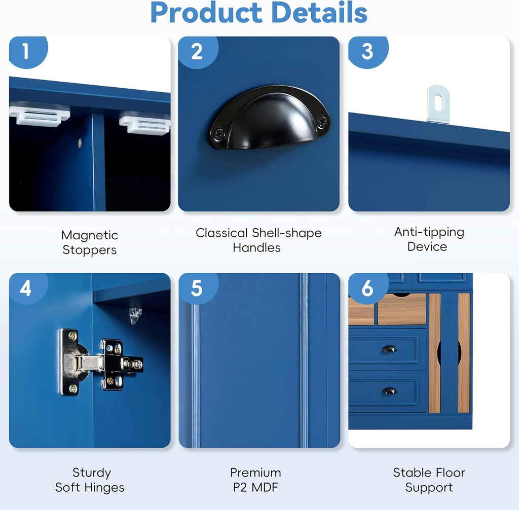 VilroCaz Farmhouse 71''H Wood Large Kitchen Pantry, 53.2''Lx17.7''W Dining Storage Cabinet Cupboard with 4 Foldable Doors, Power Outlet, Shelves, Wine Racks and Serving Trays (Blue-4 Fold)