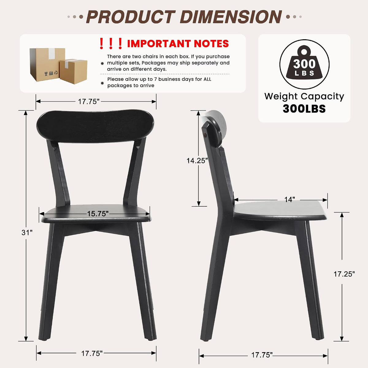 HNY Farmhouse Solid Wood Dining Chairs Set of 4, Mid Century Modern Armless Kitchen & Dining Room Chairs with Curved Back, 300 LBS Capacity, Black for Home, Apartment