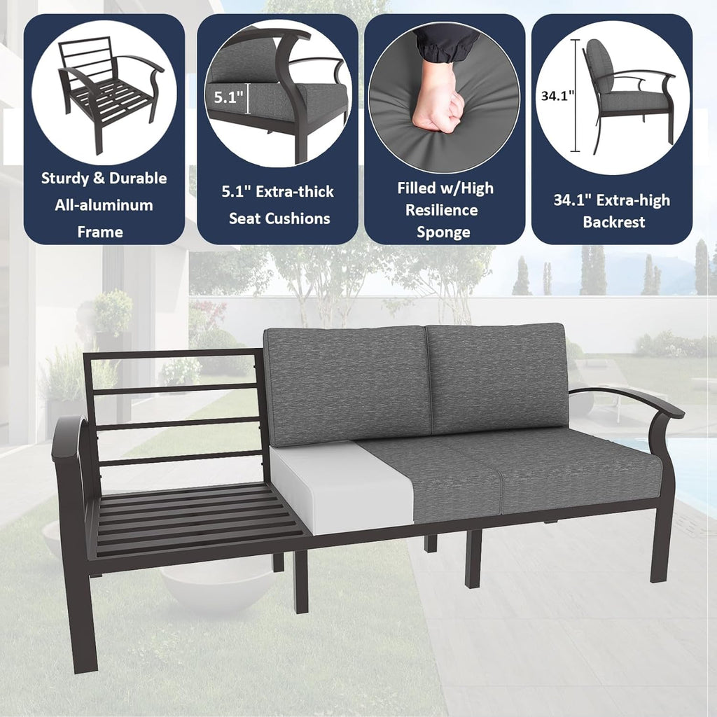 ALAULM Aluminum 3-Seat Patio Furniture Set, Metal Outdoor Furniture Sectional Sofas w/5.1" Cushions for Patio, Backyard, Poolside-Grey