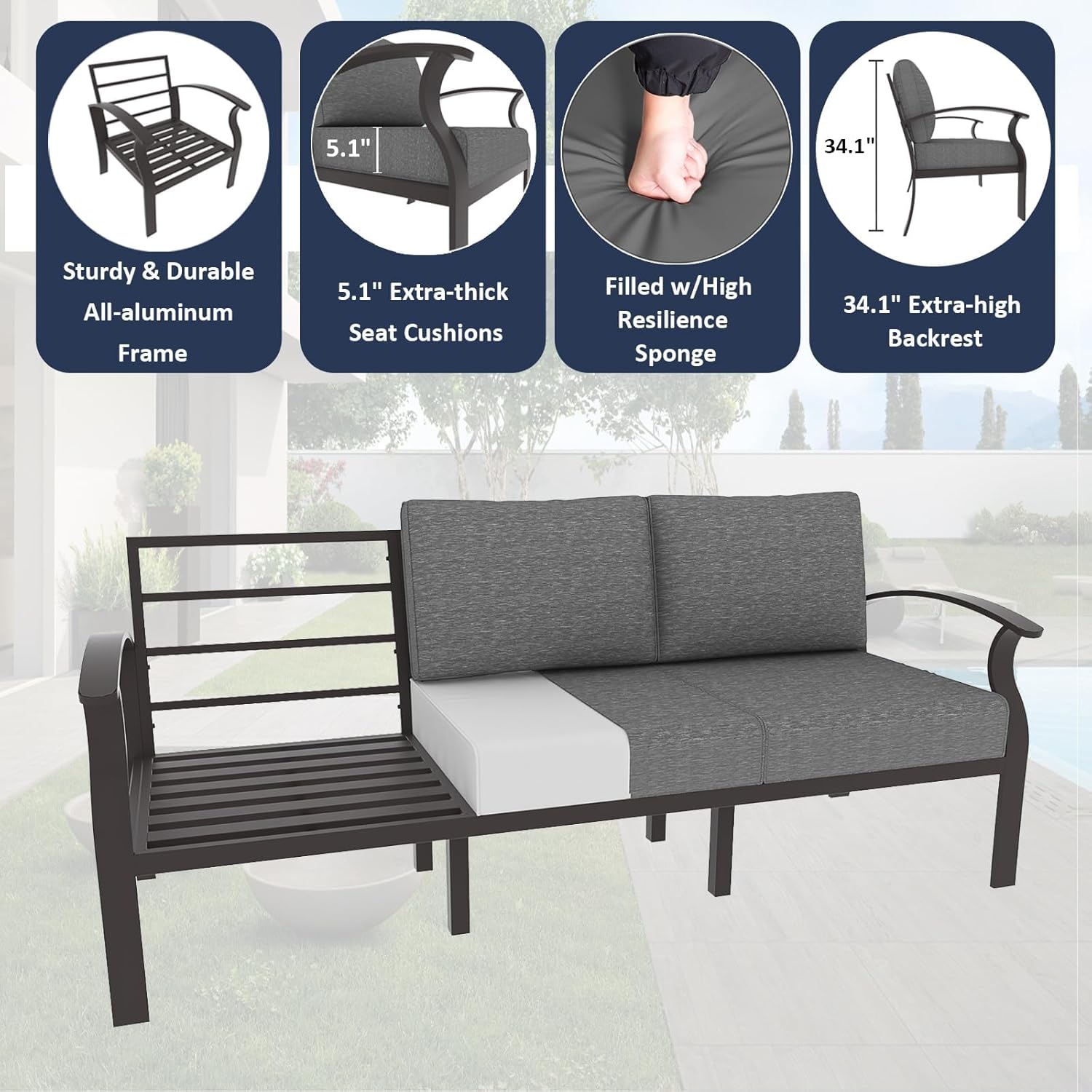 ALAULM Aluminum 3-Seat Patio Furniture Set, Metal Outdoor Furniture Sectional Sofas w/5.1" Cushions for Patio, Backyard, Poolside-Grey