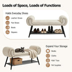 45" Upholstered Storage Shoe Bench, Velvet Fabric End of Bed Bench with Metal Shelf, Modern Bedroom Bench with Rolled Arms, Entryway Window Bench with Storage for Living Room, Hallway, Cream