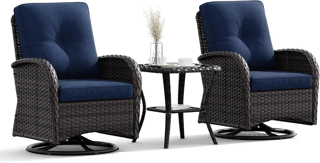 Joyside Patio Swivel Rocker Wicker Chairs - Outdoor Swivel Rocking Chairs Set of 2 with Wicker Side Table, Patio Swivel Rocker Chair 3 Piece Patio Furniture Sets for Porch Deck(Brown/Blue)