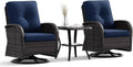 Joyside Patio Swivel Rocker Wicker Chairs - Outdoor Swivel Rocking Chairs Set of 2 with Wicker Side Table, Patio Swivel Rocker Chair 3 Piece Patio Furniture Sets for Porch Deck(Brown/Blue)