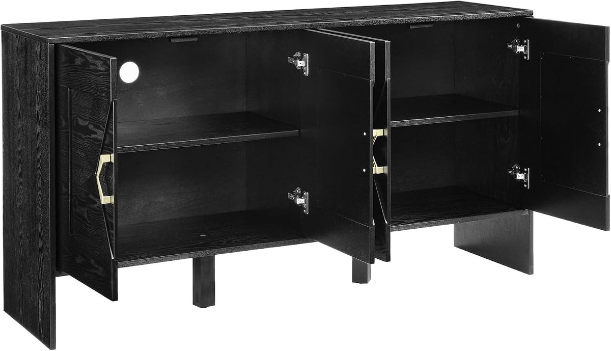 Mid Century Modern Sideboard Buffet Cabinet and TV Media Console 60 Inch with Geometric Pattern Adjustable Shelves Solid Wood Construction for Living Room Dining Room Kitchen (Black)