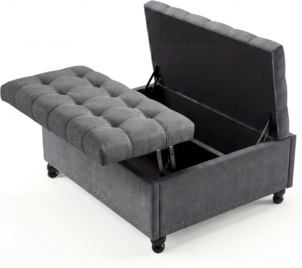 36" Large Square Storage Ottoman with Lift Top, 300 LBS Tufted Upholstered Ottoman Coffee Table Bench with Study Wood Legs, Multi-Functional Footrest Storage Box for Living Room and Bedroom (Gray) ﻿