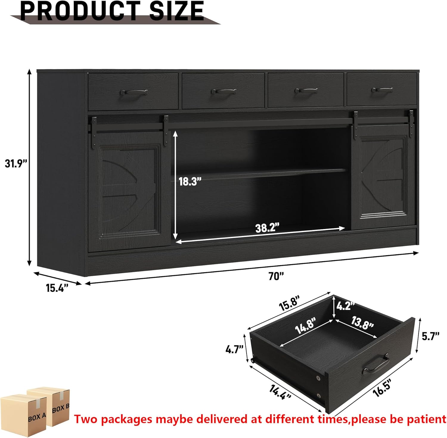 70” Large Buffet Sideboard Cabinet w/4 Drawer,Farmhouse Coffee Bar Cabinet Buffet with Storage,Sliding Door,Long Kitchen Buffet Table,Kitchen Sideboard Cabinet,Credenza for Dining Room,Black