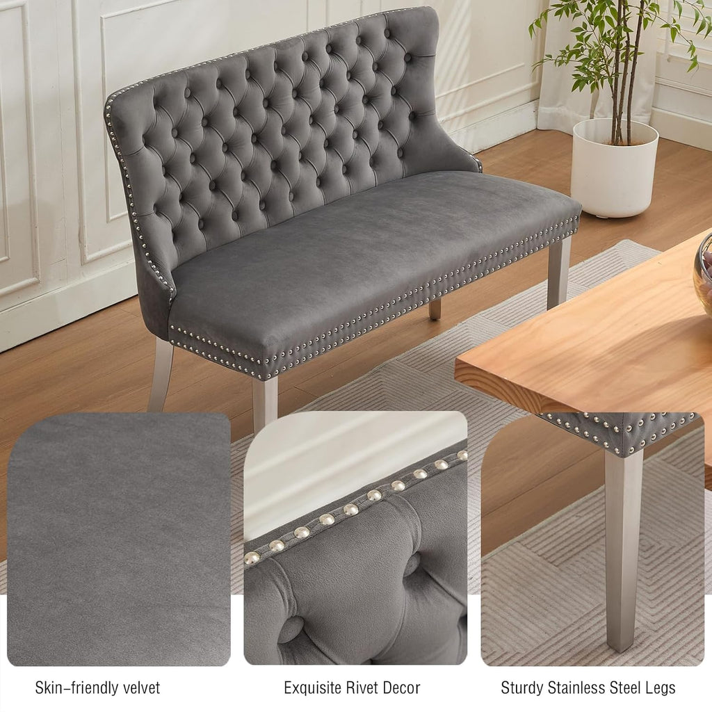 Henf Modern Tufted Velvet Dining Bench with Wing Back, 2-Seat, Nailhead Trim, Sturdy Stainless Steel Legs, Entryway Bench Small Upholstered Loveseat Sofa, 45.6''W x 22.7''D x 35.2''H (Gray&Silver)