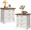 Farmhouse 26"H Nightstand Set of 2, 23.6"W End Table with Charging Station | 3 Drawers Storage, Wood Side Table w/Roman Column, Bedside Cabinet for Bedroom, Living Room, Antique White