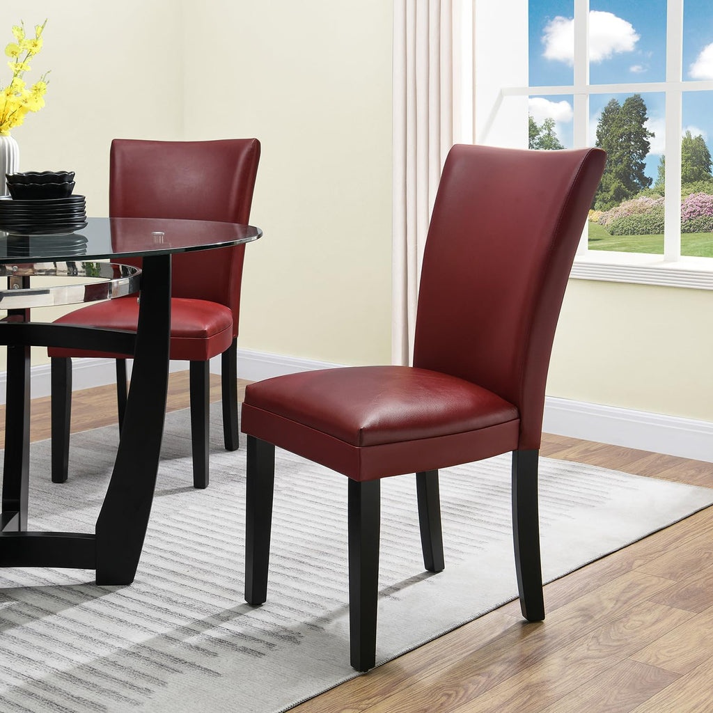 Set of 2 Retro Dining Chairs, Upholstered Parsons Chairs with Wooden Legs & Faux Leather, Perfect for Kitchen, Dining Room & Café, Wine Red