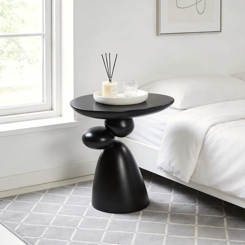 20" Lucky Stone-Shaped Oval End Table, Modern Minimalist Glass Fiber Side Table, Sculptural Base Living Room Accent Table, Suitable for Apartments, Black