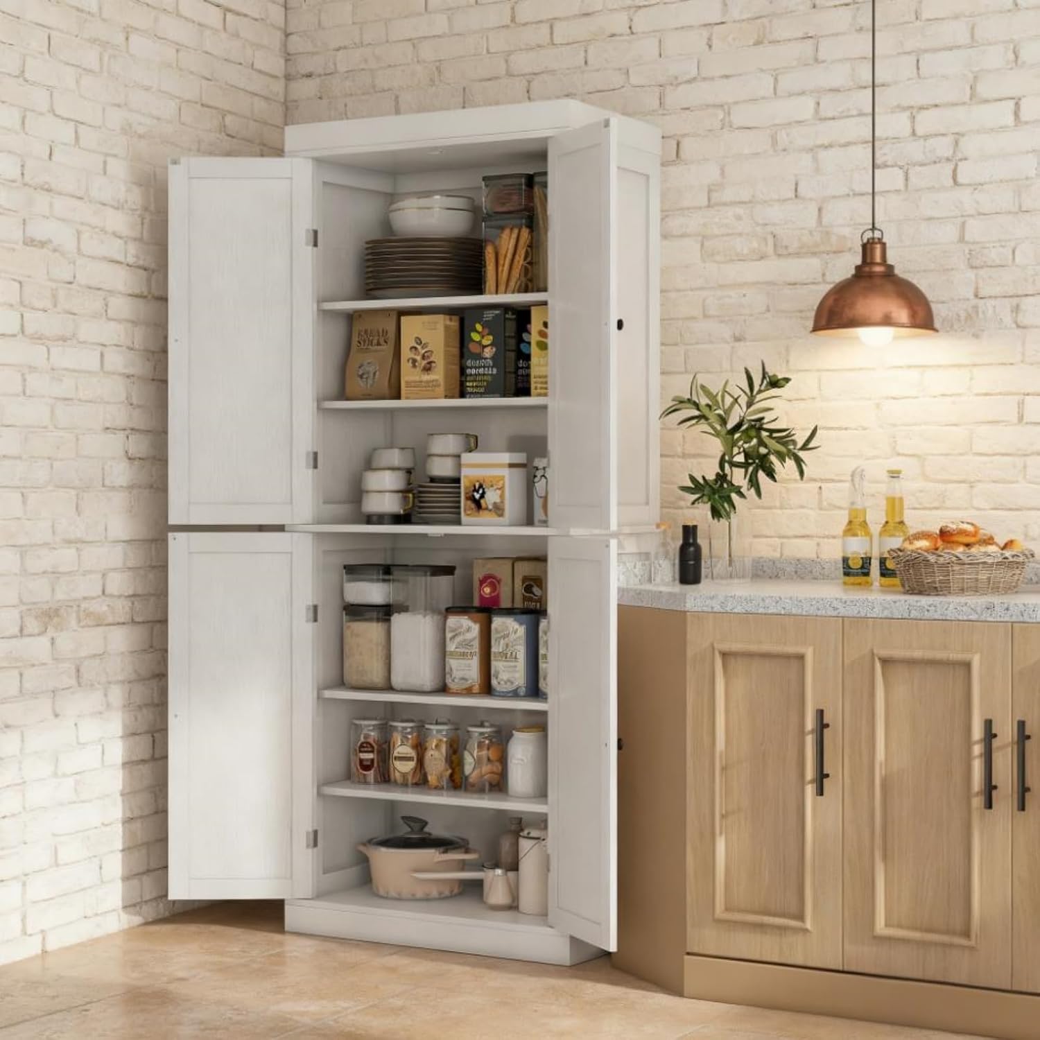 White Modern Style Freestanding Food Pantry Cabinet, Kitchen Floor Storage Cabinet with 4 Doors & 6-Tier Shelves, Dining Room Living Room Bathroom, 30x16x72.5 Inches