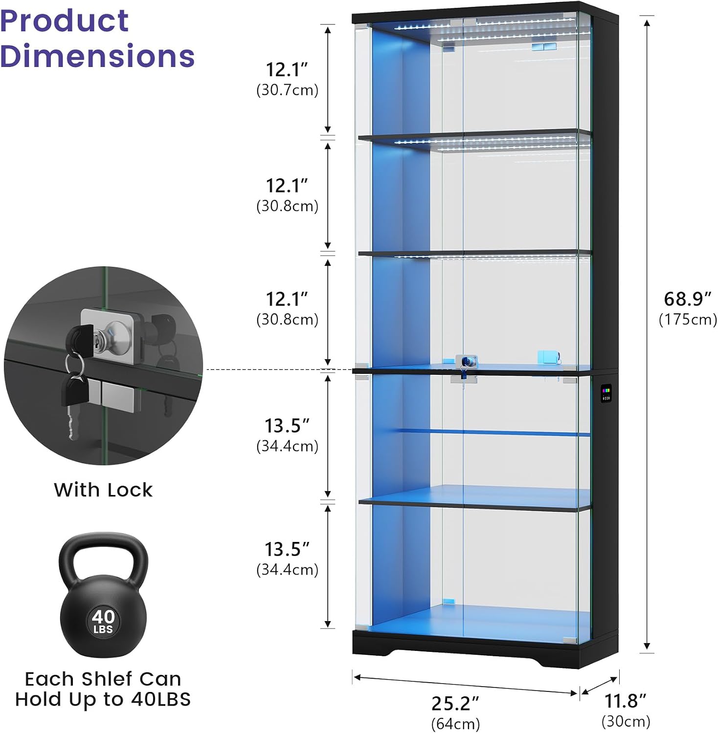 Dystler Glass Display Cabinet with Doors and RGB LED Lights