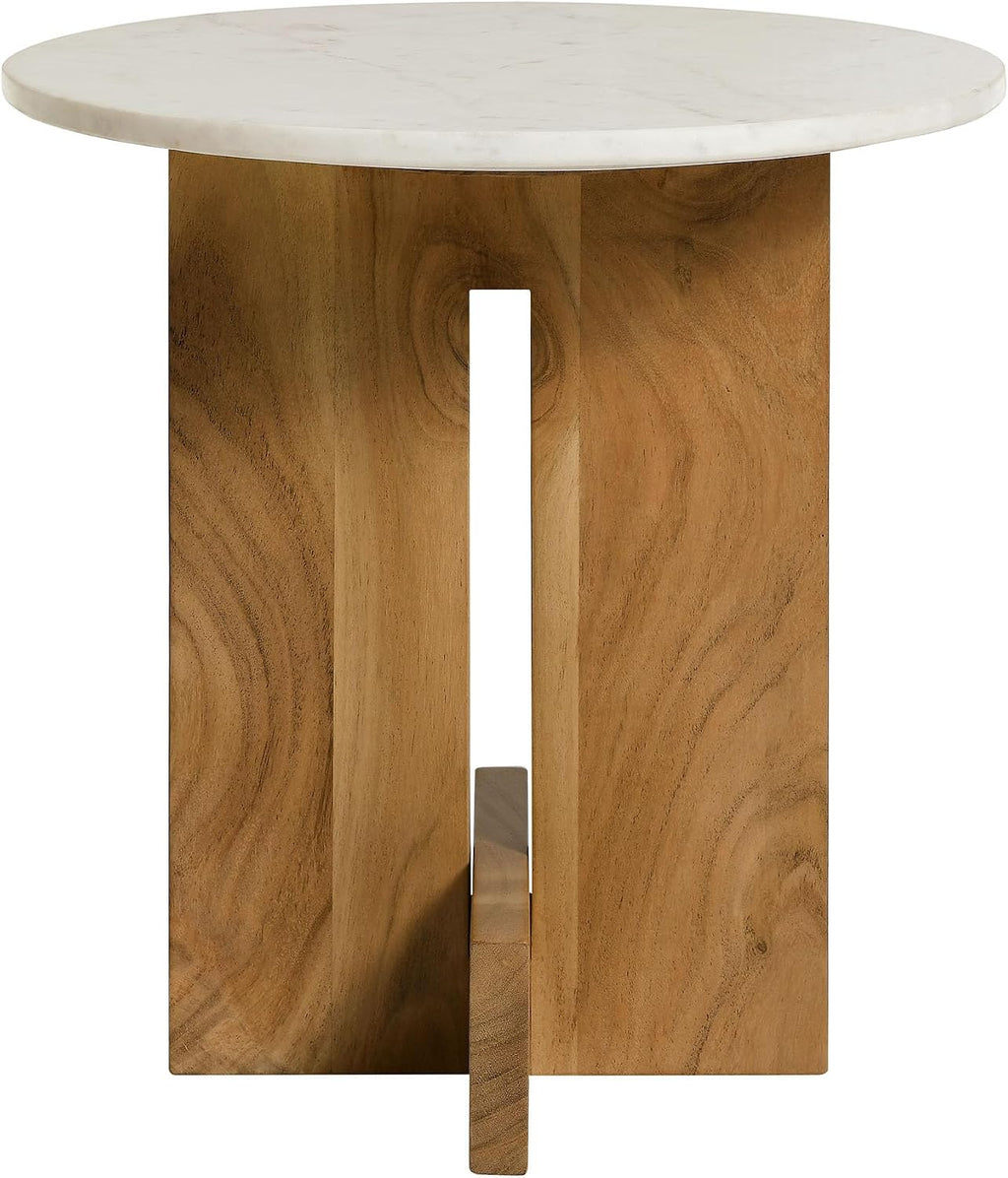 Modway Tarin Marble Top Side Table in Natural - Round Acacia Wood Living Room End Table - Modern Plant Stand or Small Drink Table