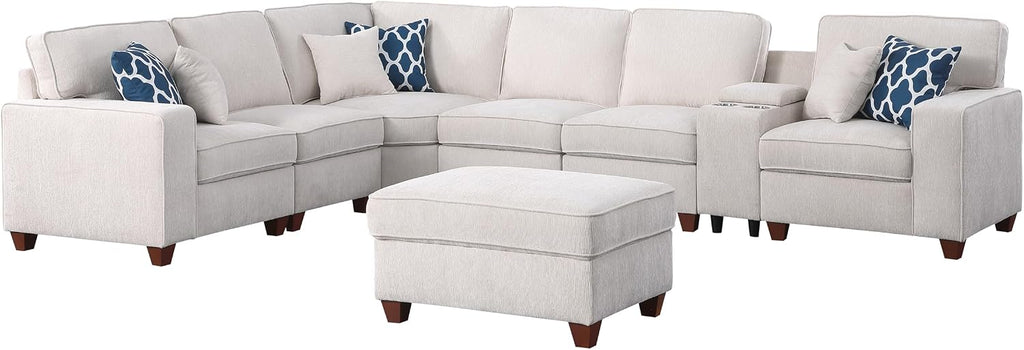 YOPTO 127" L-Shaped Sectional Couch with Movable Ottoman & 6 Throw Pillows,7 Seat Chenille Upholstered Sofa W/2 Cup Holder,USB Port & Hidden Storage Box,DIY Combination,for Living Room,Apartment,Beige