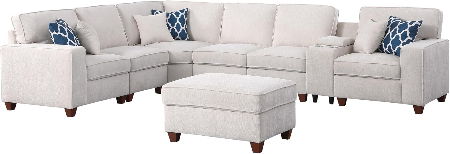YOPTO 127" L-Shaped Sectional Couch with Movable Ottoman & 6 Throw Pillows,7 Seat Chenille Upholstered Sofa W/2 Cup Holder,USB Port & Hidden Storage Box,DIY Combination,for Living Room,Apartment,Beige