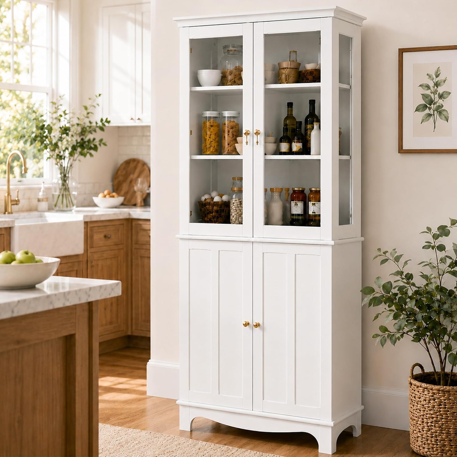 ARTPOWER 72" China Cabinet, Freestanding Kitchen Pantry with Tempered Glass Doors, Tall Sideboard Buffet Hutch with Adjustable Shelves for Dining Room, Living Room, White