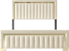 HOME DESIGN Olathe King Size Upholstered Panel Bed Frame, Vertical Channel Tufted Headboard with Gold Metal Accent, Velvet Fabric, Platform Design, Box Spring Required, Beige