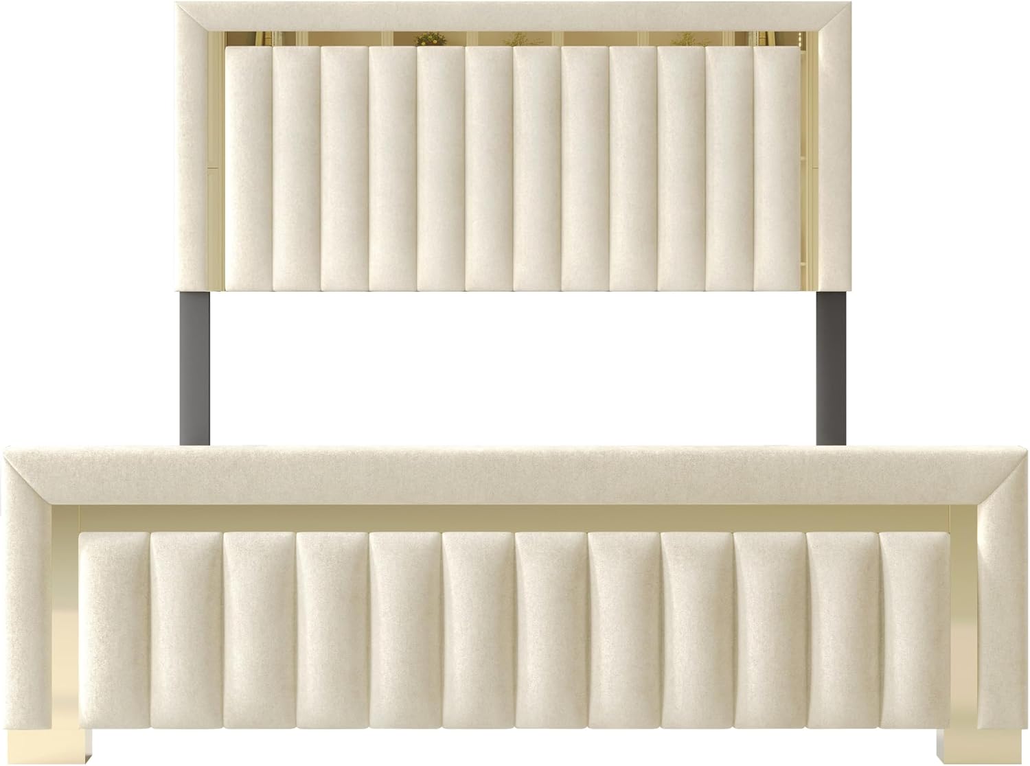 HOME DESIGN Olathe King Size Upholstered Panel Bed Frame, Vertical Channel Tufted Headboard with Gold Metal Accent, Velvet Fabric, Platform Design, Box Spring Required, Beige