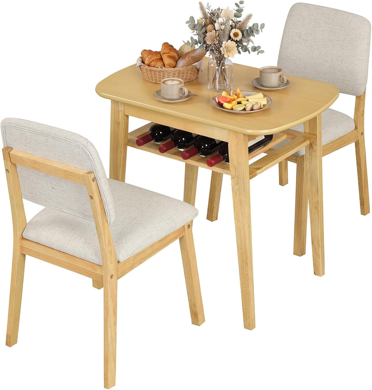 Giantex Dining Table Set for 2, Space Saving Kitchen Table and Chairs Set w/Rubber Wood Frame, Storage Rack, Padded Seats & Backrests, Dinette Set for Small Space, Apartment, Dining Room, Natural